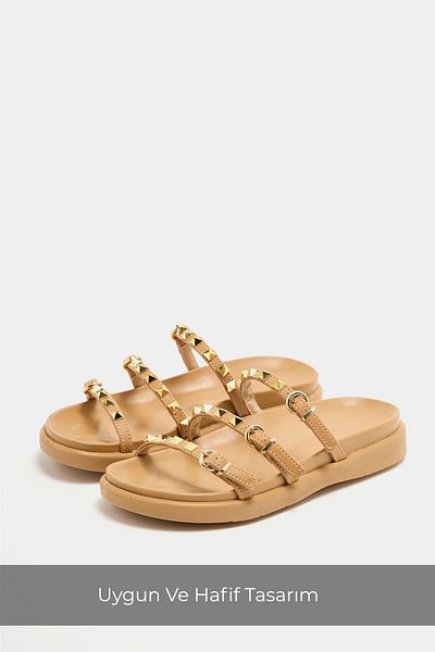 Madamra Mink Women's Gold Staple Detailed Trend Slippers