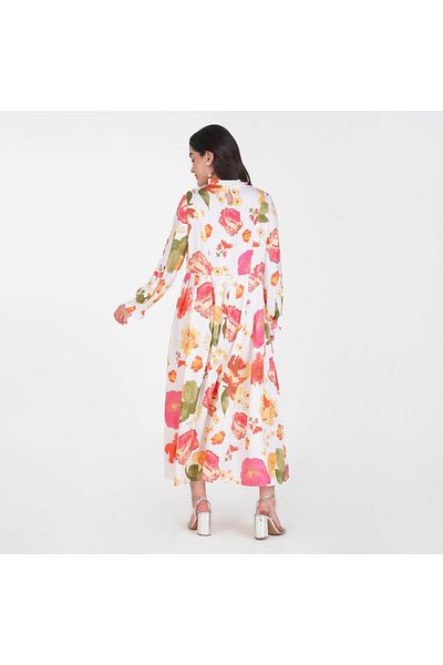 LINELLE Rayon Floral Soft-Tone Maxi Dress – High Neck with Elastic Cuff, Available in 3 Colors.