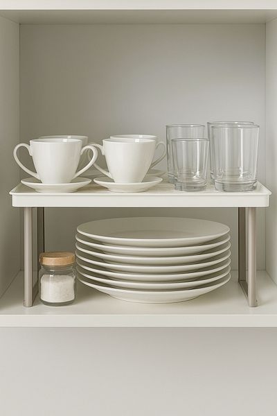DEYHOME Smart Cabinet Countertop Shelf Organizer - Countertop Cup Spice Rack Plate Rack Organizer White