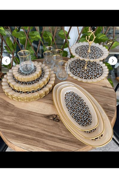 PONCİKPAZAR 8 PERSON 44 PIECES LEOPARD BROWN AND CAKE SET