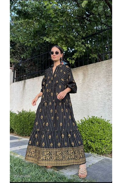 QUAWEAR V Neck Half Placket Button Full Length Dress