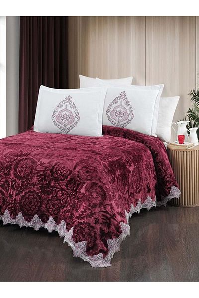 THE Home Collection Claret Red Larissa French Laced 6 Piece Blanket Bedspread Set