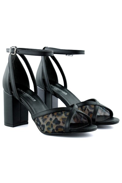 Erkan Saçmacı Charlotte Black Leopard Cross Strap Mesh Thick Heeled Elegant Evening Dress Shoes