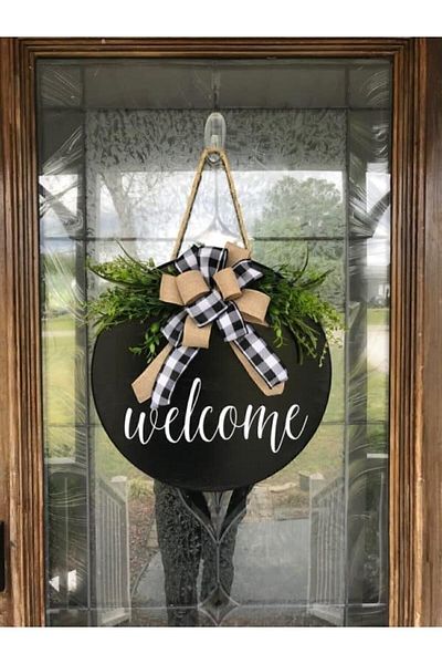 HaliseDerin Στολίδι πόρτας Welcome Welcome Μαύρο δώρο Εξωτερική πόρτα με κορδέλα - Στολίδι πόρτας σπιτιού