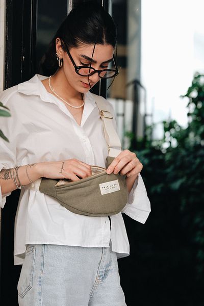 WOLF & ROCK Wolf&Rock Gold Detailed Khaki Linen Fabric Waist and Shoulder Bag