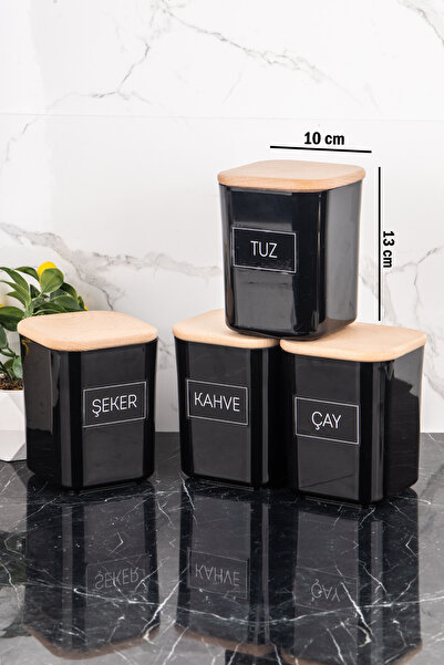 DNS HOME Set of 4 900 ml Wooden Vacuum Lid Tea Sugar Coffee Salt Storage Container Acrylic Black Jar