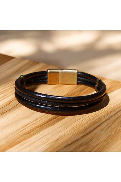 etniko Men's Special Design Black Genuine Leather Bracelet
