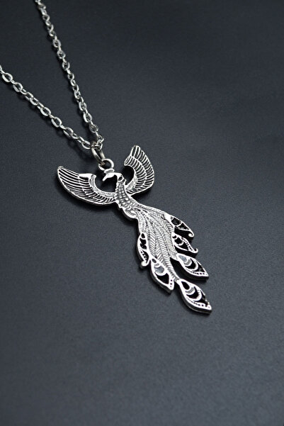 Had Safha Zümrüdü Anka Kuşu Gümüş Kaplama Unisex Düz Zincir Kolye kod 656