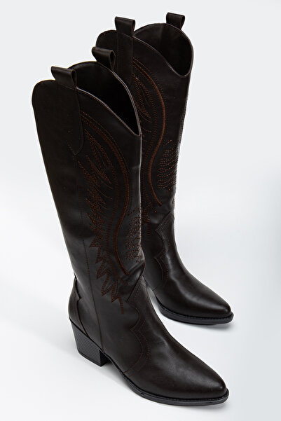 MS SUGAR SHOES Kadın Acıkahve Suni Deri Nakışlı Western Kovboy Cowgirl Bot Çizme