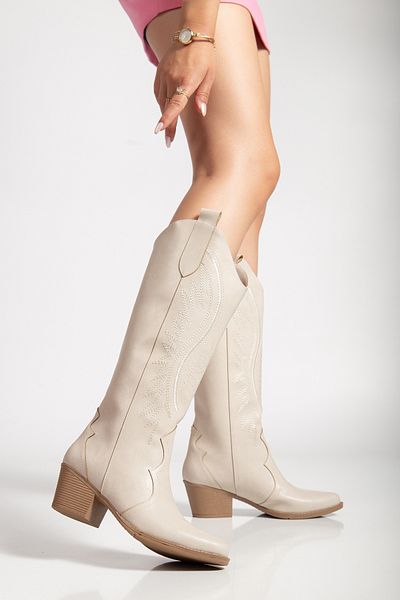 MS SUGAR SHOES Γυναικείες μπότες μπεζ από συνθετικό δέρμα με κέντημα Western Cowboy Cowgirl Boots