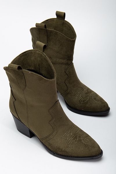 MS SUGAR SHOES Γυναικείες κοντές μπότες Western Cowboy με κέντημα από ψεύτικο σουέντ χακί
