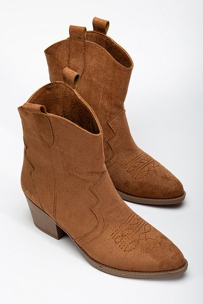 MS SUGAR SHOES Дамски къси ботуши от изкуствен велур в западен каубойски стил, кафяви, с бродерия