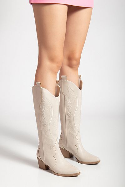 MS SUGAR SHOES Γυναικείες μπότες μπεζ από συνθετικό δέρμα με κέντημα Western Cowboy Cowgirl Boots
