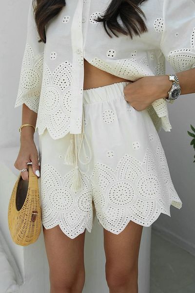 Suzi Shirt Collar Beige Color Scallop Detailed Shirt Shorts Set M38374