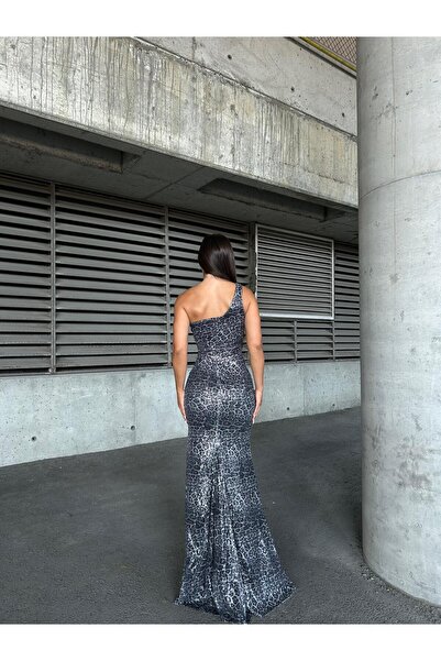 SELİN MODA EVİ Digital Printing Sequin Dress Gray Leopard 583297
