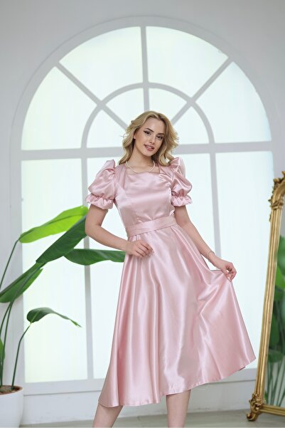 ASLIHANGÜNER Kadın Kare Yaka Pudra Pembe Saten Midi Boy Mira Elbise