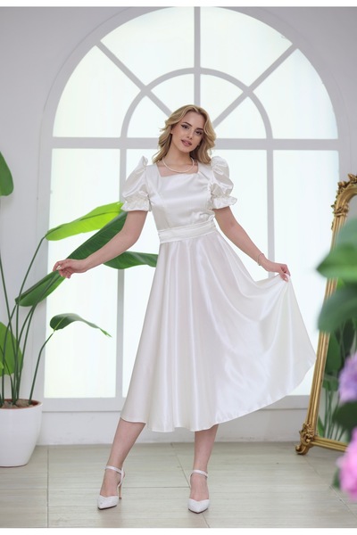 ASLIHANGÜNER KADIN KARE YAKA BEYAZ SATEN MİDİ BOY MİRA ELBİSE