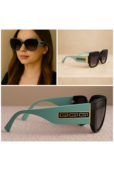 style iconic Luxury Oversized Sunglasses – Mint Green & Black Frame with Greek Key Detail