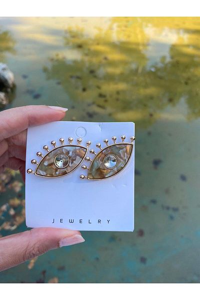 marsel aksesuar Marble Pattern Eyelash Eye Beige Earrings