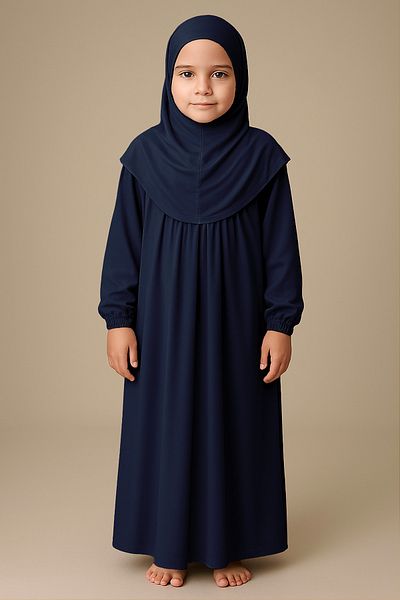 Mesa Charm One Piece Organic Cotton Hijab Plug and Remove Hijab Children's Prayer Dress Navy Blue
