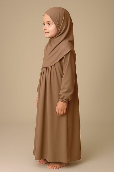 Mesa Charm One Piece Organic Cotton Hijab Plug and Remove Hijab Children's Prayer Dress Milk Coffee