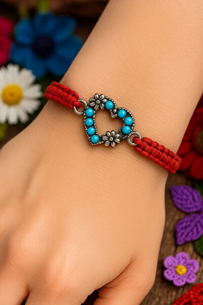 Puffy Heart Frame Turquoise Beaded Macrame Bracelet – Adjustable Red Strings