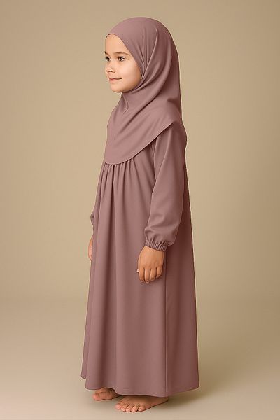 Mesa Charm One Piece Organic Cotton Hijab Plug and Pull Hijab Children's Prayer Dress Dusty Rose