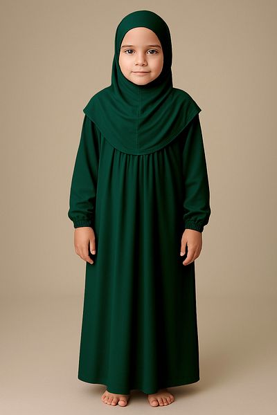 Mesa Charm One Piece Organic Cotton Hijab Plug and Remove Hijab Children's Prayer Dress Turban Green
