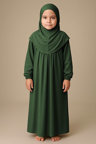 Mesa Charm One Piece Organic Cotton Hijab Plug and Remove Hijab Children's Prayer Dress Khaki