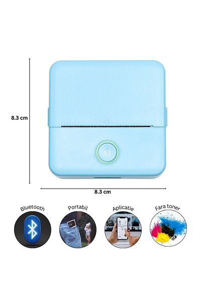 EALMEU Mini imprimanta portabila BLUE, Bluetooth, 5role albe, 3colorate autoadezive,5 alb,3 colorate simple