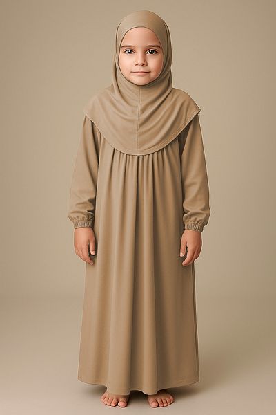 Mesa Charm One Piece Organic Cotton Hijab Plug and Remove Hijab Children's Prayer Dress Beige