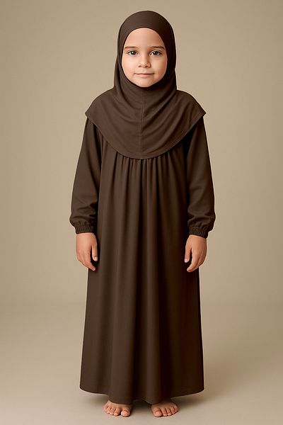 Mesa Charm One Piece Organic Cotton Headscarf Plug and Remove Hijab Children's Prayer Dress Bitter Brown