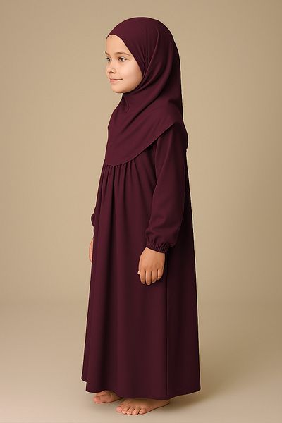 Mesa Charm One Piece Organic Cotton Headscarf Plug and Remove Hijab Children's Prayer Dress Burgundy