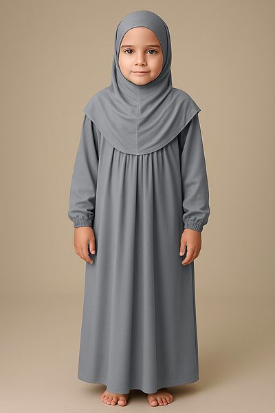 Mesa Charm One Piece Organic Cotton Hijab Plug and Remove Hijab Children's Prayer Dress Gray