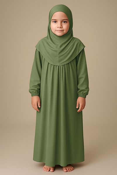 Mesa Charm One Piece Organic Cotton Hijab Plug and Remove Hijab Children's Prayer Dress Pistachio Green