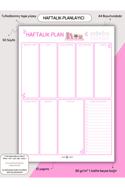 Else Craft Haftalık Planlayıcı - A4 - Dikey - Ders Çalışma Planlayıcısı Notep...