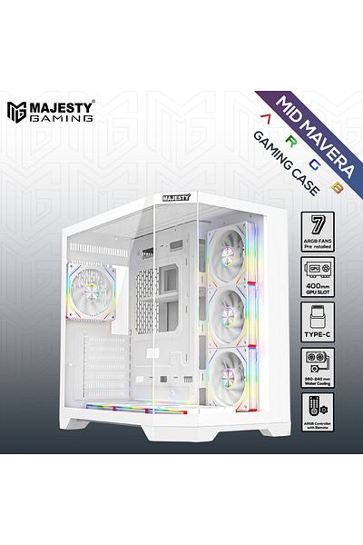 majesty صندوق ماجيستي ميدمافيرا ميد تاور، 7 مراوح ARGB، زجاج مقسى، دعم ATX، Type-C و2×USB 3.0 أبيض