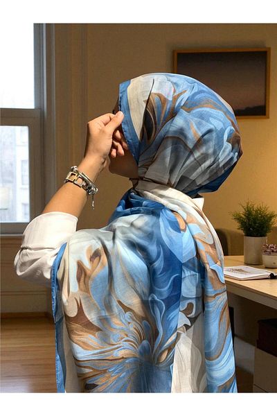 Baştacı 2025 Summer Season 0350 Flower Pattern Denim Blue Shawl