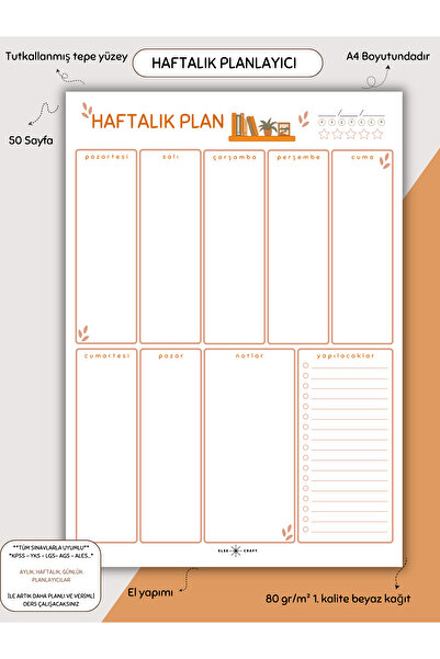 Else Craft Haftalık Planlayıcı - A4 - Dikey - Ders Çalışma Planlayıcısı Notep...
