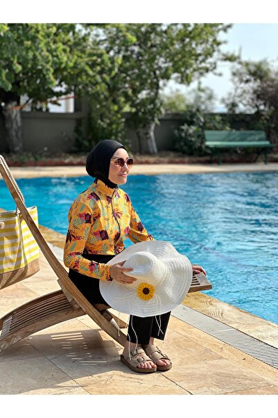 HOTEPS Kadın Desenli Fermuarlı, Siyah Etek,tunik, Tayt, Bone,tam Kapalı, 3 Parça Tesettür Mayo Takımı 7080