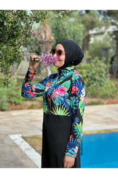 HOTEPS Black Floral Patterned Lycra - Fully Covered Hijab Swimsuit