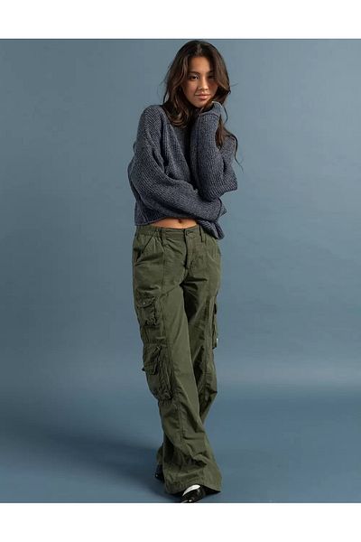 september island Dark Green Parachute Fabric Cargo Pants