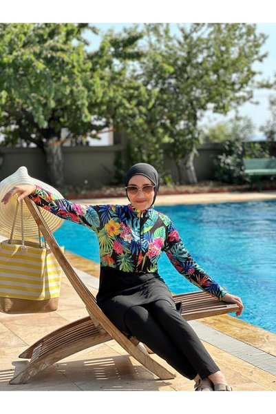 HOTEPS Black Floral Patterned Lycra - Fully Covered Hijab Swimsuit