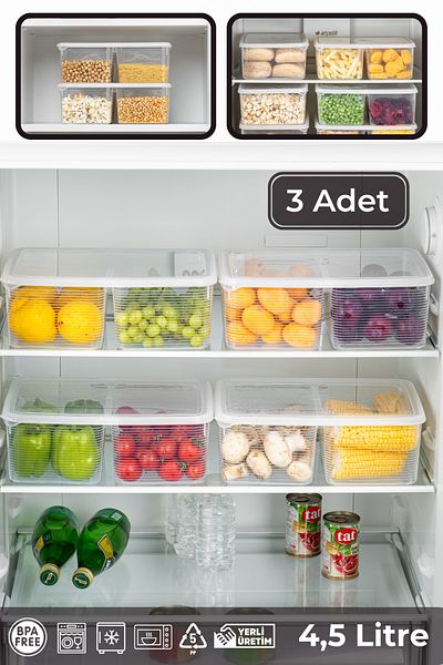BRAMBLE LIFE 3 Pieces 2 Compartments 4.5 Lt Rectangular Lid Refrigerator and Freezer Organizer