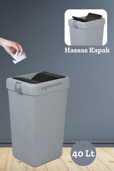 ego home Motek Grey 40 Lt Κάδος απορριμμάτων με ακριβές καπάκι Κάδος απορριμμάτων Πρακτικό καπάκι