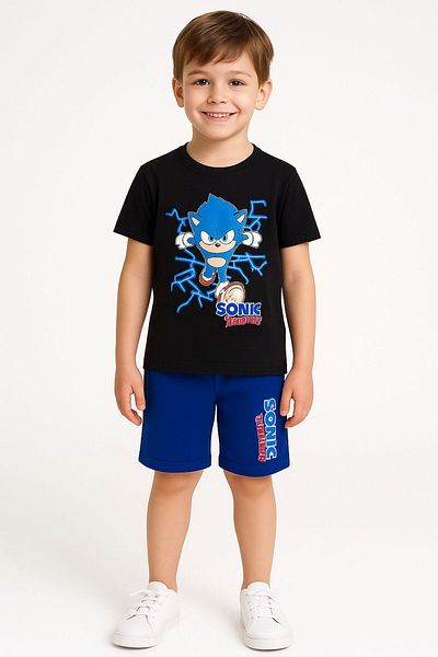 LİTTLE TORTOİSE Boys' Sonic Printed Crew Neck T-Shirt - Shorts Set