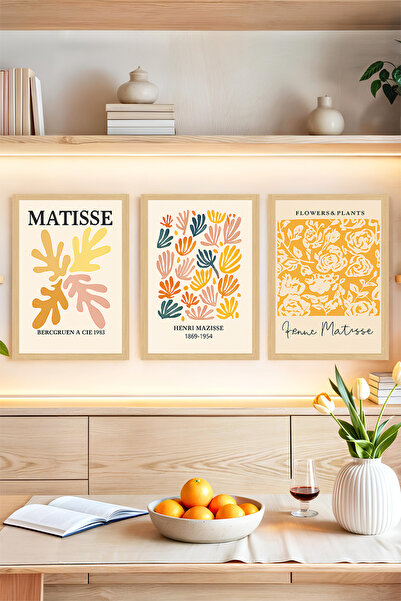 kutuTR 🖼️ Matisse Tarzı Renkli Bitki Desenli 3’lü Çerçeve Görünümlü Tablo Se...