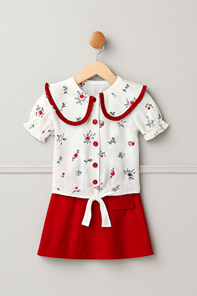 EL KA KİDS Kırmızı Renkli Çiçek Desenli Gömlek Etek Takım