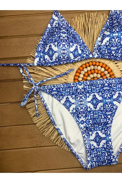 XORVİO Set de bikini cu șnur elegant din lycra elastic cu model albastru stea de mare pentru femei Noul sezon