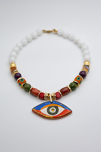 Limosse Jewelry Minoa El Yapımı Nazar Figürlü Beyaz Doğal Taş ve Renkli Boncu...